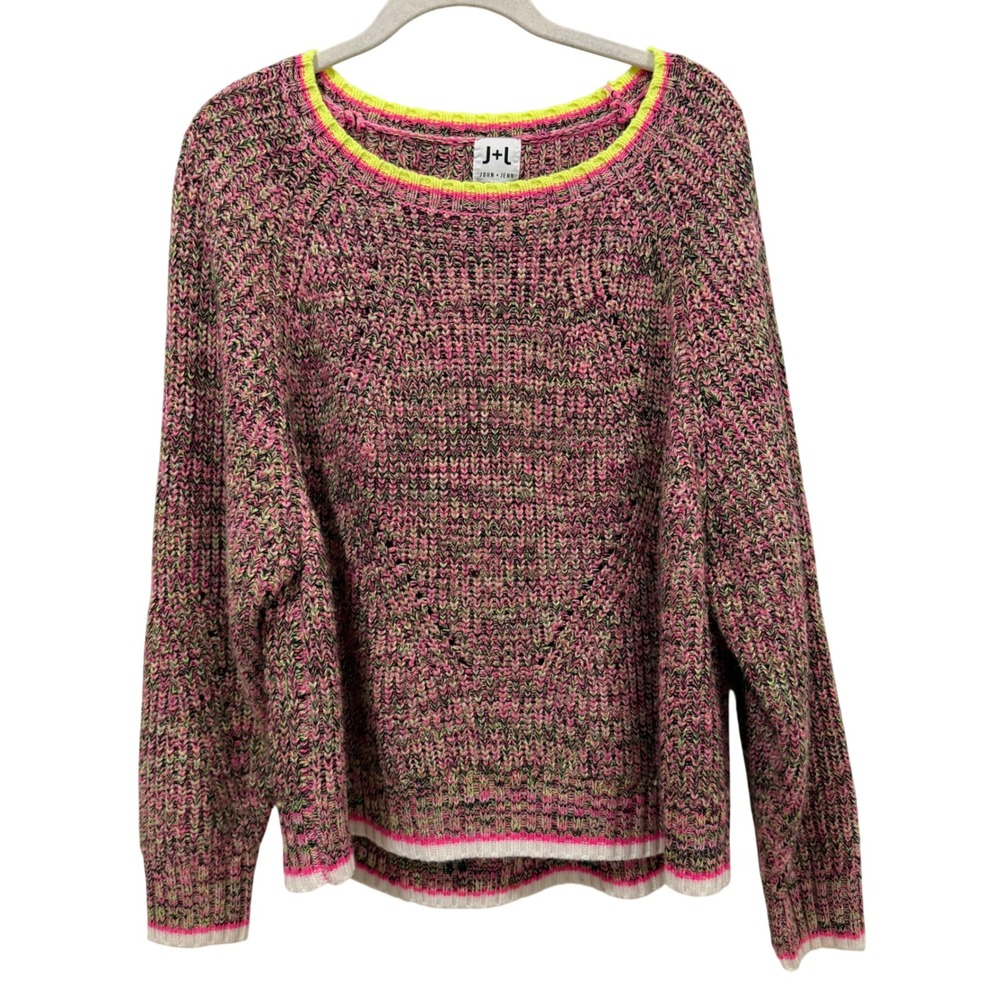 John + Jenn Pink Multi‎ Space Dye Neon Trim Chunky Knit Sweater Large L/G